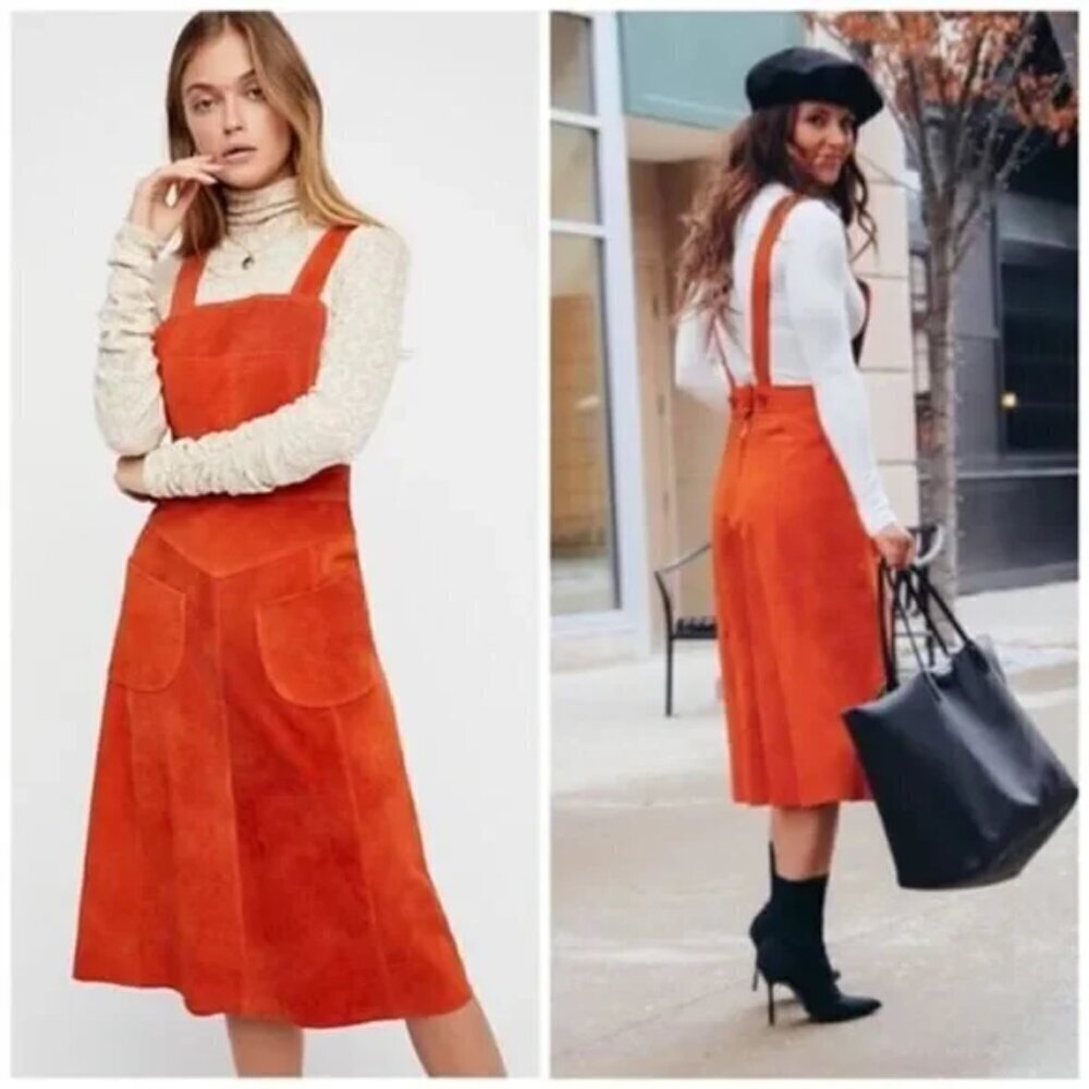 Free People Suede Apron Midi Dress in Rust Orange Sz. 0